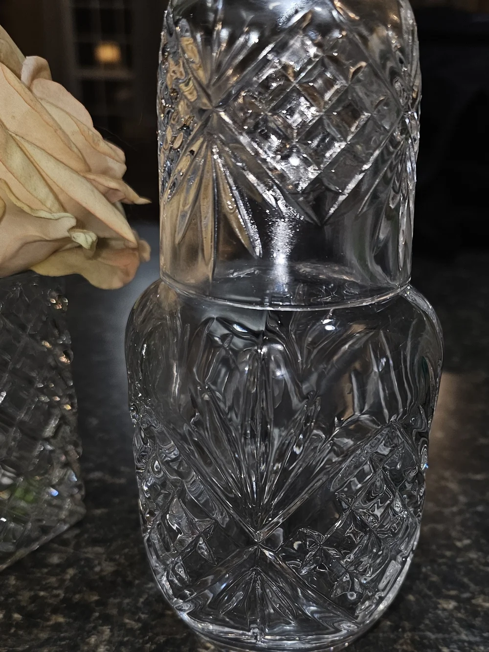 Cut Crystal Square Vase with Peach Rose And Crystal Bedside Water Bottle W/Lid